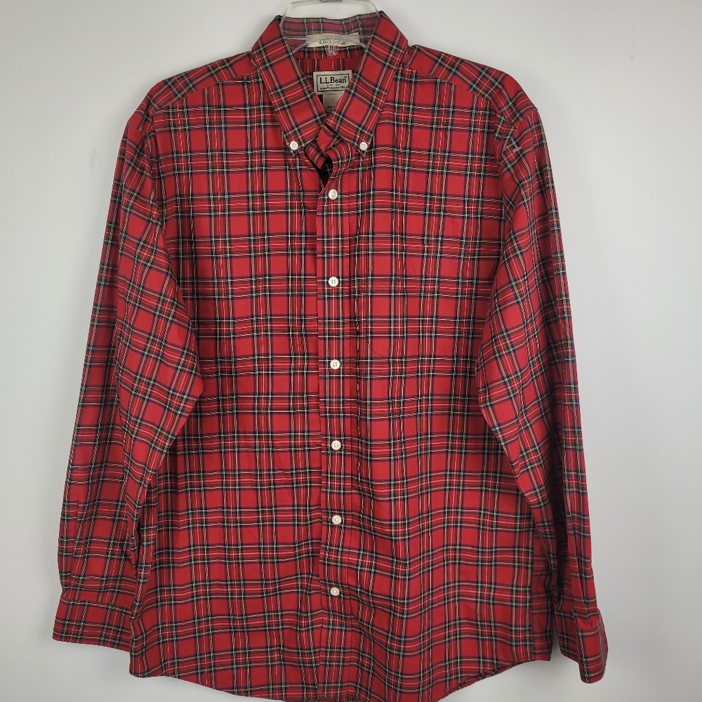 L.L.BEAN Mens Plaid 100% Cotton Red Shirt Size L Reg Wrinkle Free Preppy Holiday